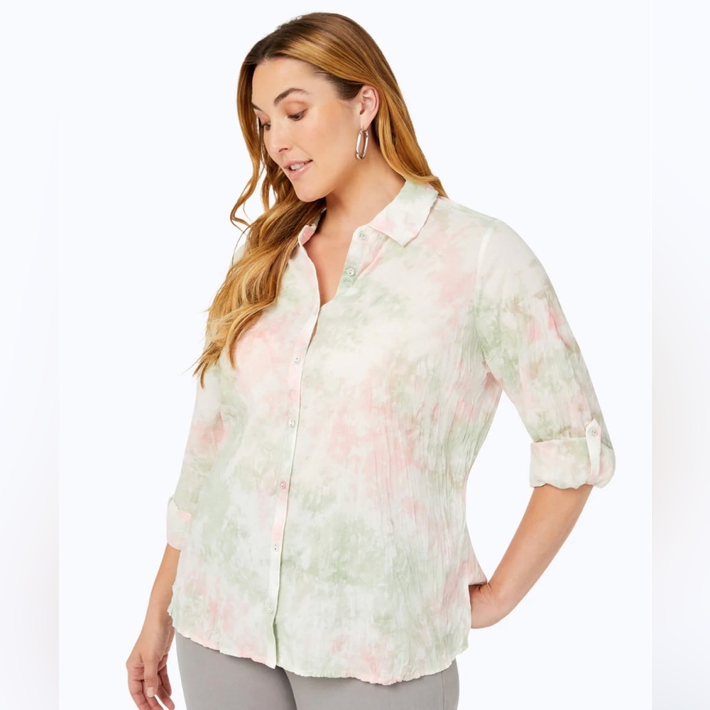 Foxcroft Zoey Tie Dye Button Up Hand Crinkle Long Sleeve Blouse Size 16 NWT